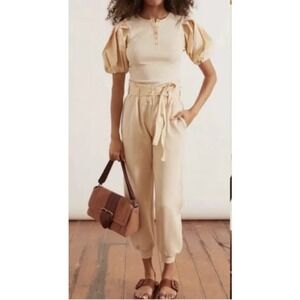 Womens Ulla Johnson Haven Oatmeal Belted Cotton Quiet Luxury Joggers Comfortable